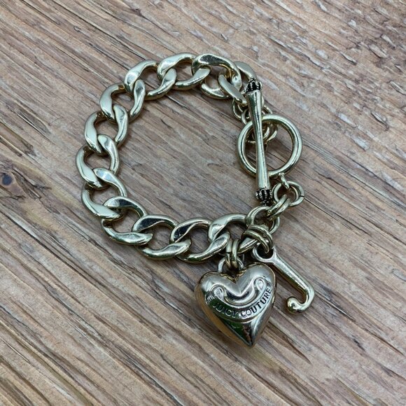 Juicy Couture Gold Tone Think Chain Heart Charm Toggle Bracelet - Picture 2 of 5